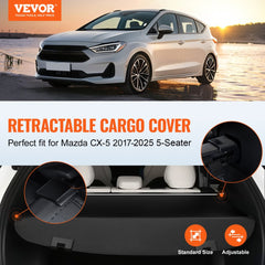 VEVOR Retractable Cargo Cover for Mazda, Upgraded Waterproof Trunk Cover Security Shield Shade for Mazda CX-5 2017-2025