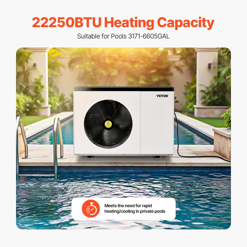 VEVOR Electric Pool Heat Pump, 22250 BTU, Pool Heaters for 3171-6605GAL Above and In Ground Pools, Low Noise, Heating