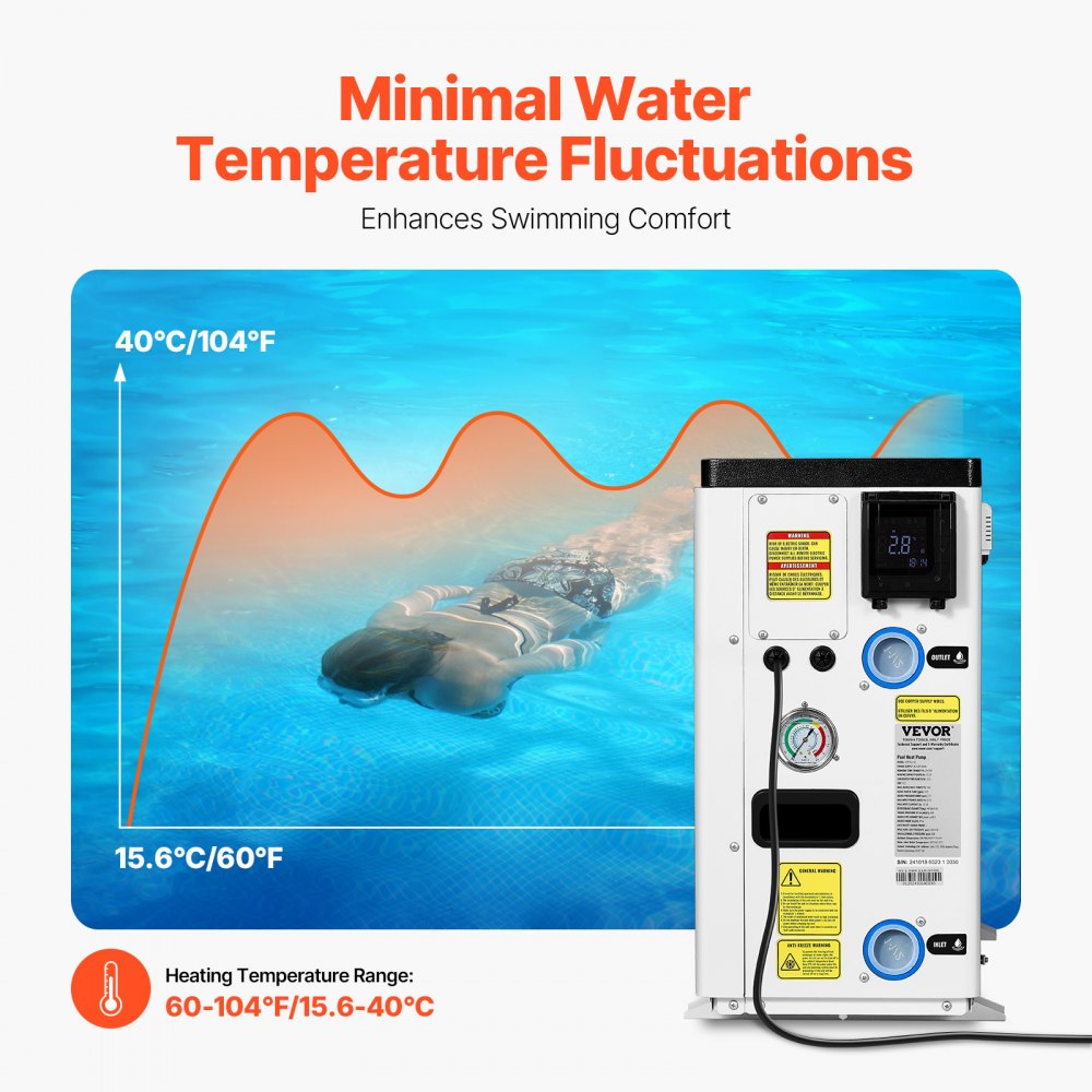 VEVOR Electric Pool Heat Pump, 22250 BTU, Pool Heaters for 3171-6605GAL Above and In Ground Pools, Low Noise, Heating