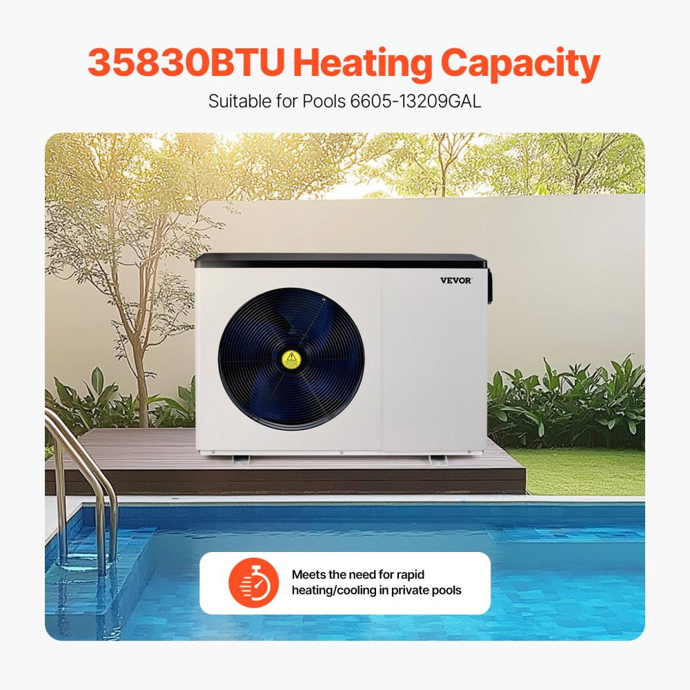 VEVOR Electric Pool Heat Pump, 35830 BTU, Pool Heaters for 6605-13209GAL Above and In Ground Pools, Low Noise, Heating