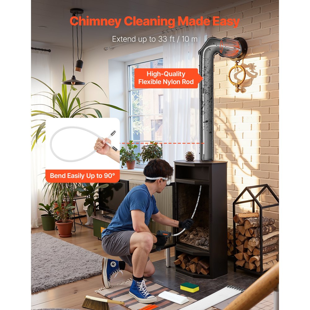 VEVOR Chimney Sweep Kit, 33 ft Maximum Extendable Length Chimney Brush, Chimneys Cleaning Kit with Bristle Replacements