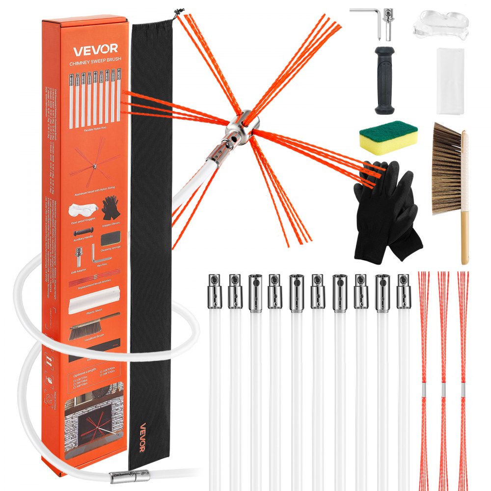 VEVOR Chimney Sweep Kit, 33 ft Maximum Extendable Length Chimney Brush, Chimneys Cleaning Kit with Bristle Replacements
