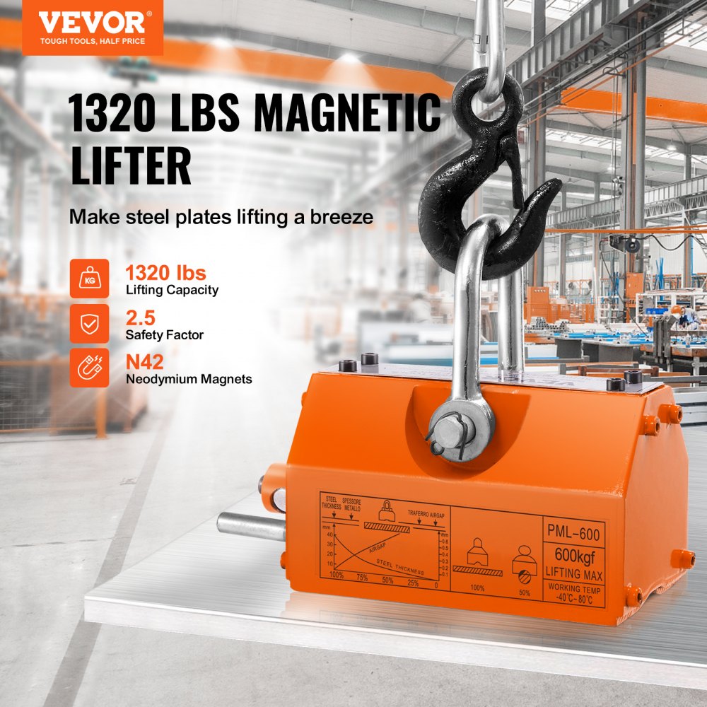 VEVOR Magnetic Lifter, 1320 lbs/600kg Pulling Capacity, 2.5 Safety Factor, Steel and Neodymium, Lifting Magnet with