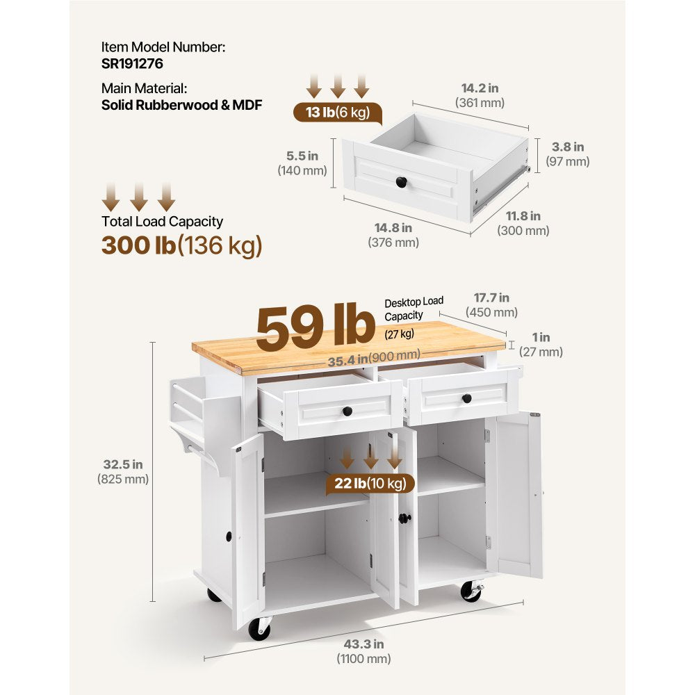 VEVOR Kitchen Island Cart with Solid Wood Top, 35.4" Width Mobile Carts with Storage Cabinet, Rolling Kitchen Table
