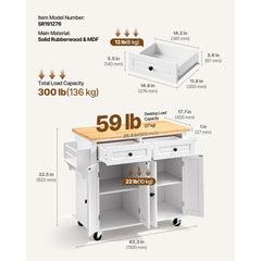 VEVOR Kitchen Island Cart with Solid Wood Top, 35.4" Width Mobile Carts with Storage Cabinet, Rolling Kitchen Table