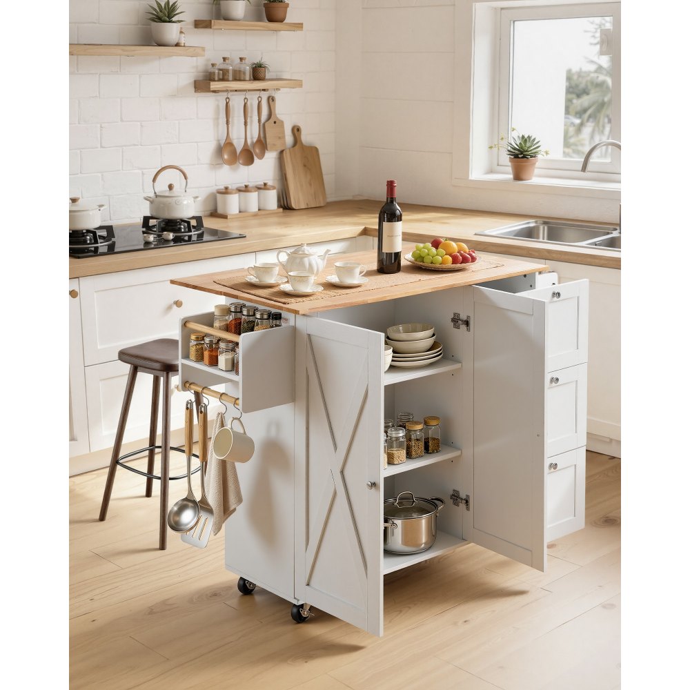 VEVOR Kitchen Island Cart with Solid Wood Top, 45.3" Width Mobile Carts with Storage Cabinet, Rolling Kitchen Table