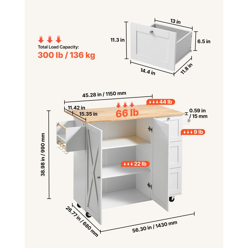 VEVOR Kitchen Island Cart with Solid Wood Top, 45.3" Width Mobile Carts with Storage Cabinet, Rolling Kitchen Table