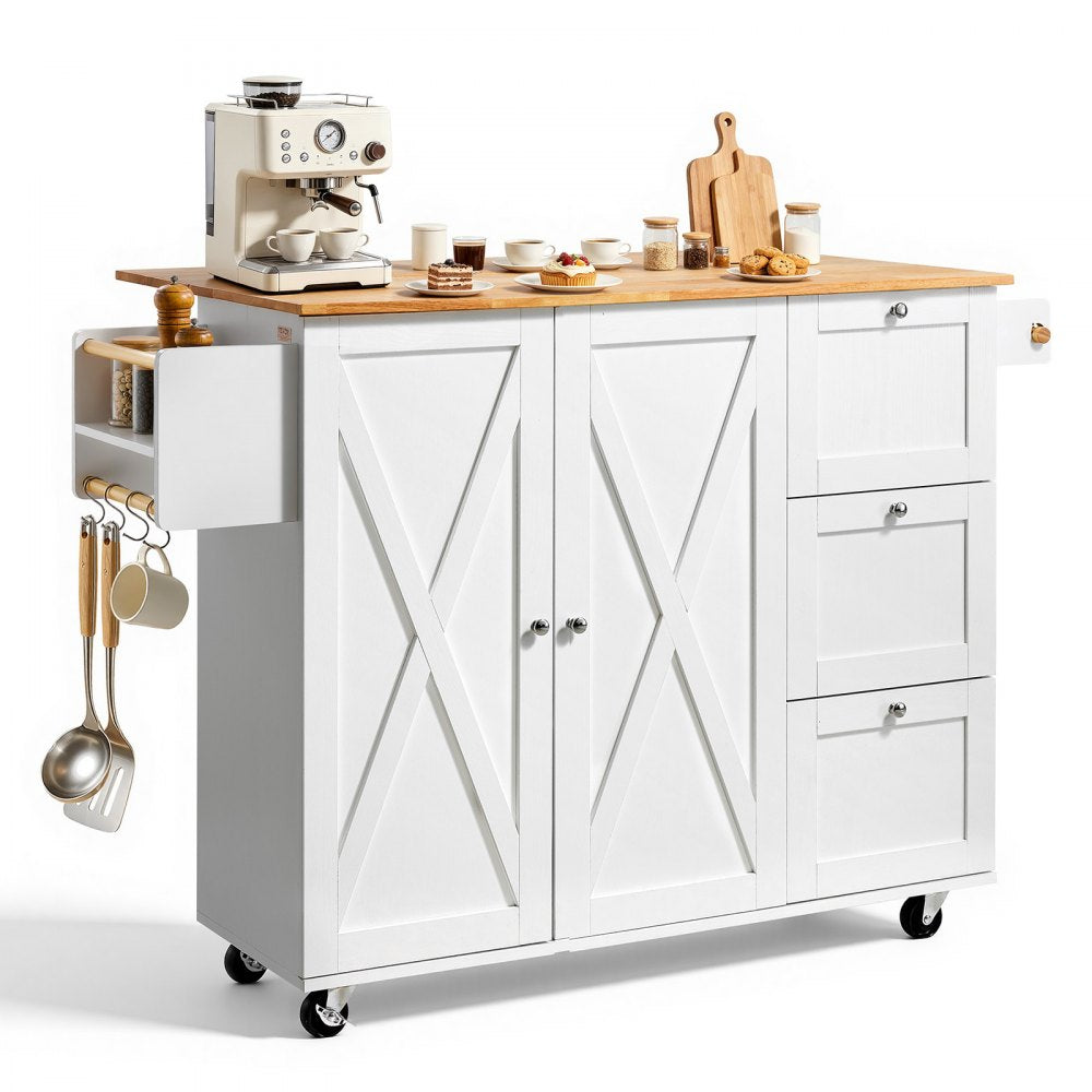 VEVOR Kitchen Island Cart with Solid Wood Top, 45.3" Width Mobile Carts with Storage Cabinet, Rolling Kitchen Table