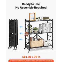 VEVOR 3-Tier Foldable Storage Shelf, 30W x 13D x 36H Inch Folding Metal Rack Shelving Unit, No Assembly Organizer Shelf