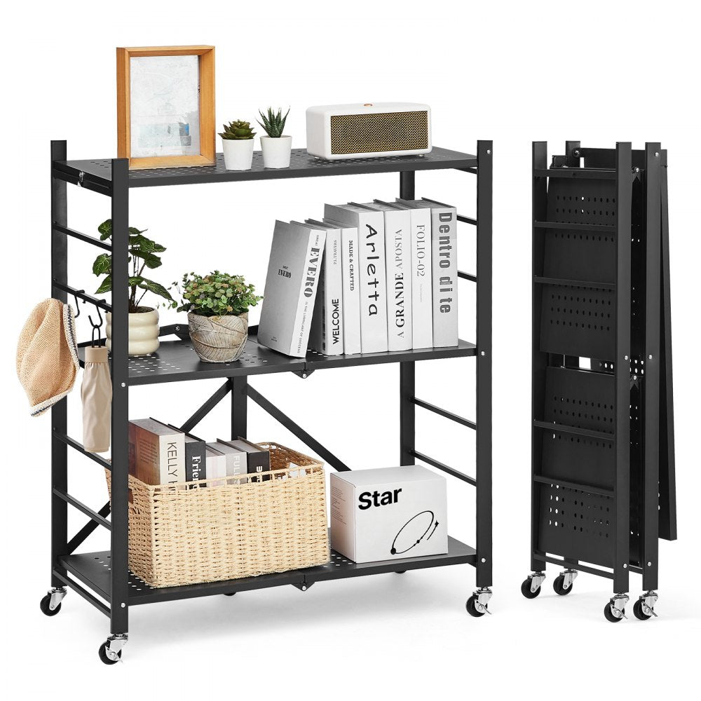 VEVOR 3-Tier Foldable Storage Shelf, 30W x 13D x 36H Inch Folding Metal Rack Shelving Unit, No Assembly Organizer Shelf