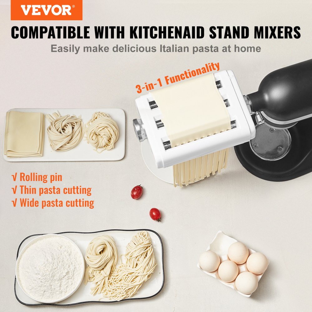 VEVOR Pasta Attachment for KitchenAid Stand Mixer, 3-IN-1 Stainless Steel Pasta Roller Cutter Set Including Pasta Sheet