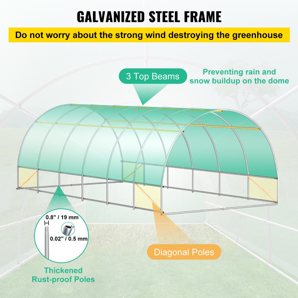 VEVOR Walk-in Tunnel Greenhouse, 20 x 10 x 7 ft Portable Plant Hot House with Galvanized Steel Hoops, 3 Top Beams