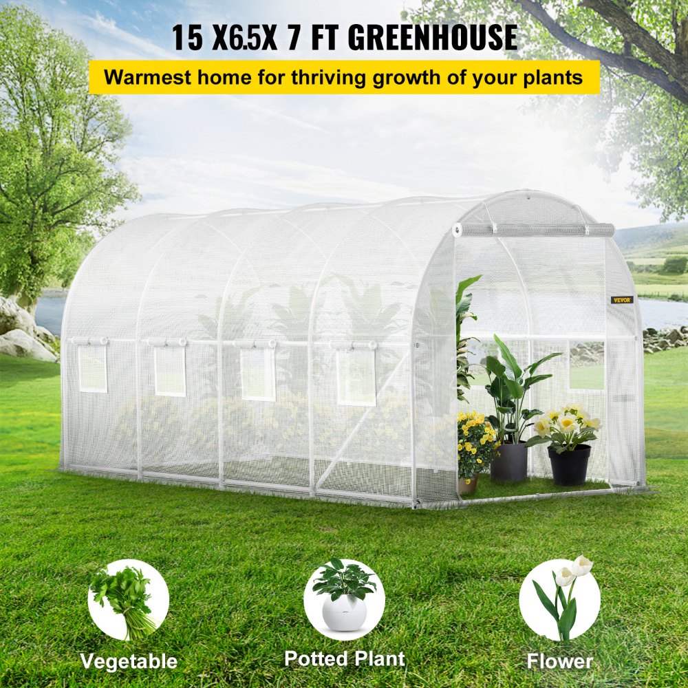 VEVOR 15 x 6.5 x 7 ft Walk-in Tunnel Greenhouse, Portable Plant Hot House with Galvanized Steel Hoops, 1 Top Beam