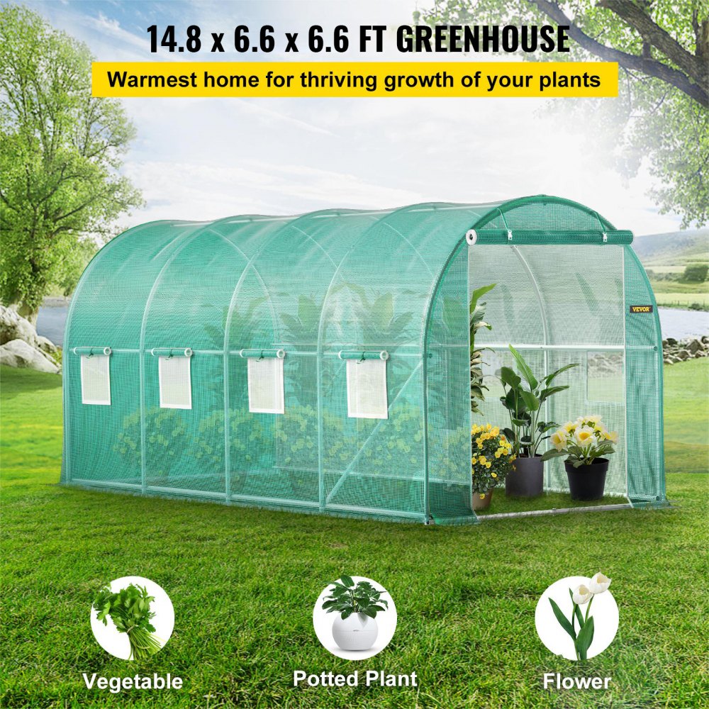 VEVOR Walk-in Tunnel Greenhouse, 15 x 7 x 7 ft Portable Plant Hot House with Galvanized Steel Hoops, 1 Top Beam