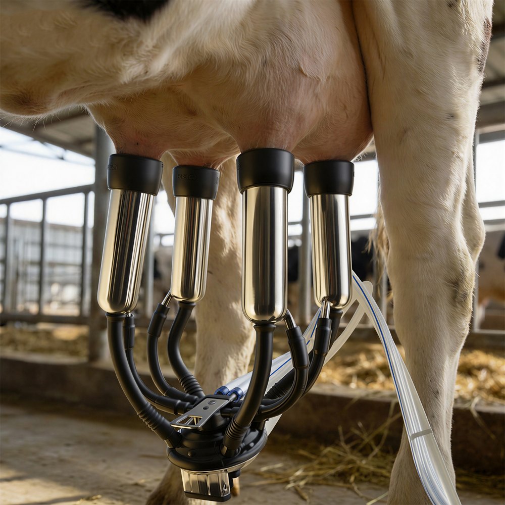 VEVOR Electric Cow Milking Machine, 6.6 Gal / 25 L 304 Stainless Steel Bucket, Food-Grade Teat Cups and Silicone Hose