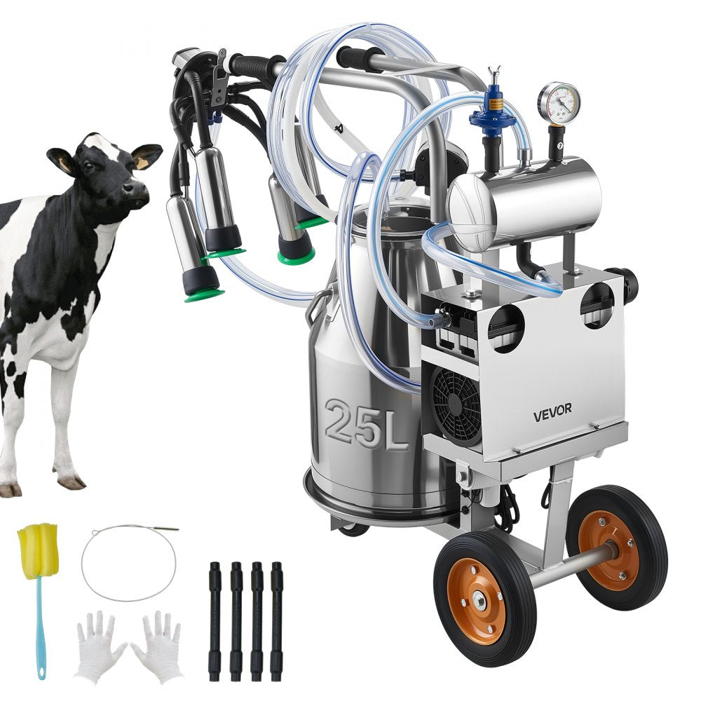 VEVOR Electric Cow Milking Machine, 6.6 Gal / 25 L 304 Stainless Steel Bucket, Food-Grade Teat Cups and Silicone Hose