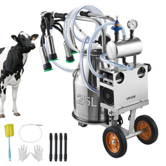 VEVOR Electric Cow Milking Machine, 6.6 Gal / 25 L 304 Stainless Steel Bucket, Food-Grade Teat Cups and Silicone Hose