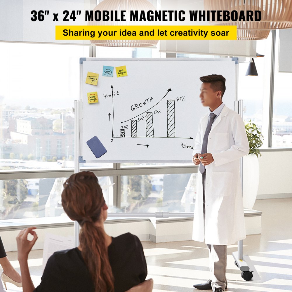 VEVOR Mobile Magnetic Whiteboard, 36 x 24 Inch, Double Sided, 360 Degree Reversible Rolling Dry Erase Board, Height