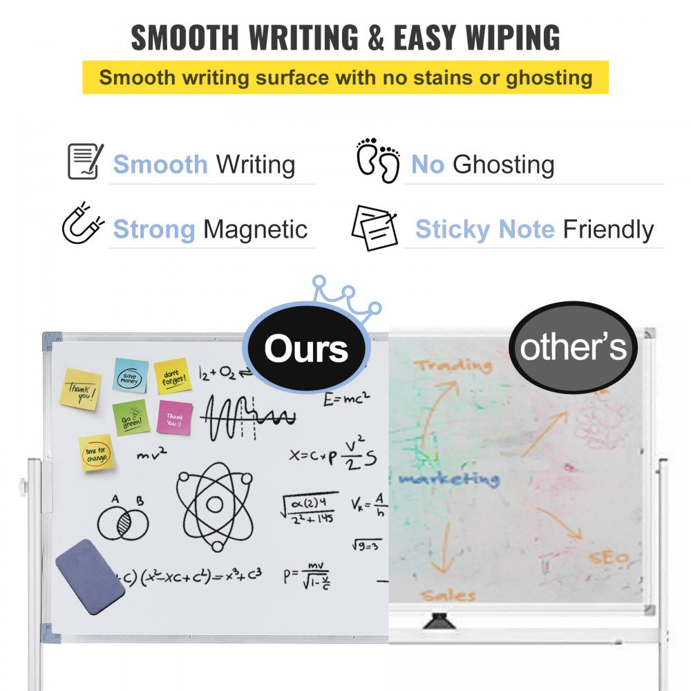 VEVOR Mobile Magnetic Whiteboard, 36 x 24 Inch, Double Sided, 360 Degree Reversible Rolling Dry Erase Board, Height