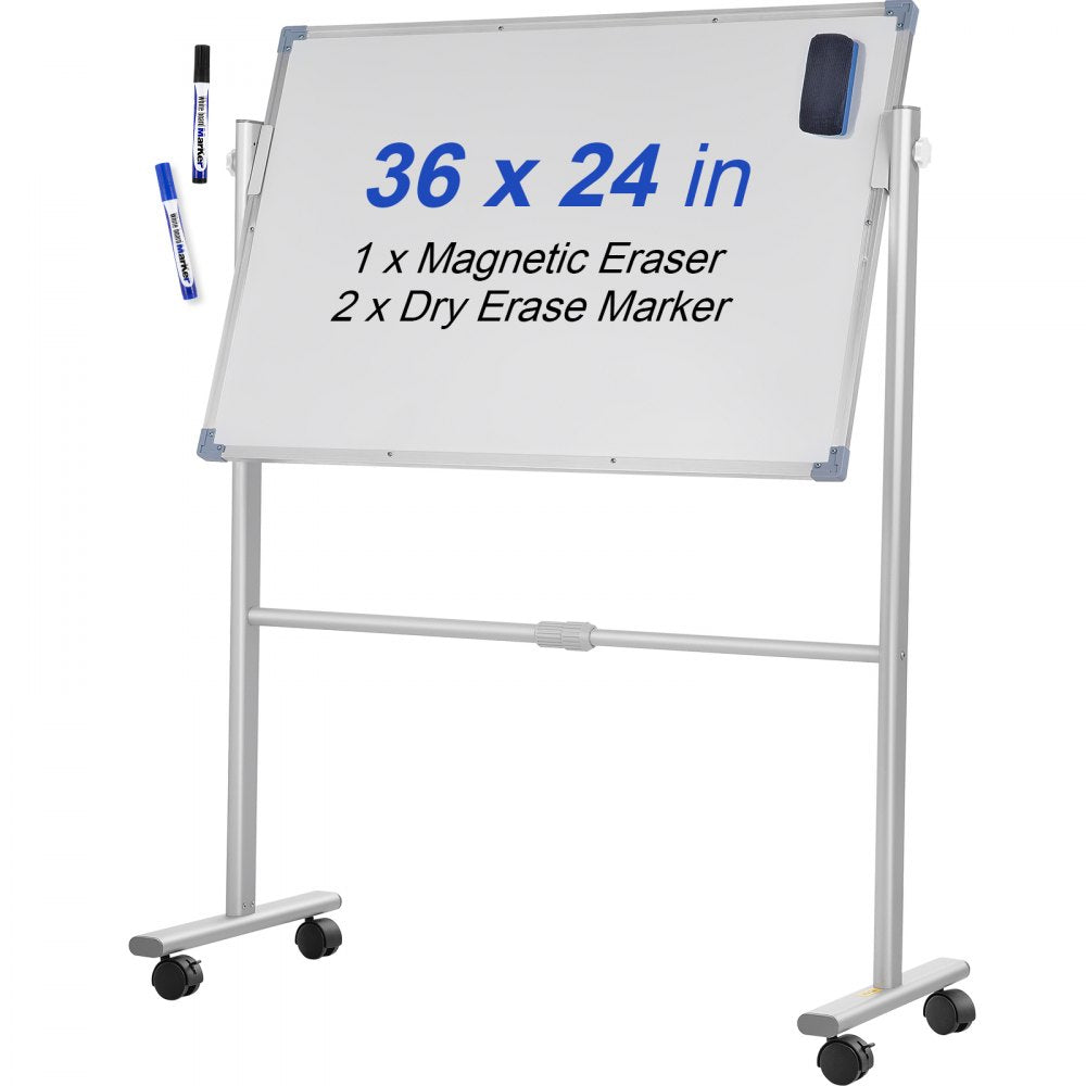 VEVOR Mobile Magnetic Whiteboard, 36 x 24 Inch, Double Sided, 360 Degree Reversible Rolling Dry Erase Board, Height