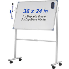 VEVOR Mobile Magnetic Whiteboard, 36 x 24 Inch, Double Sided, 360 Degree Reversible Rolling Dry Erase Board, Height