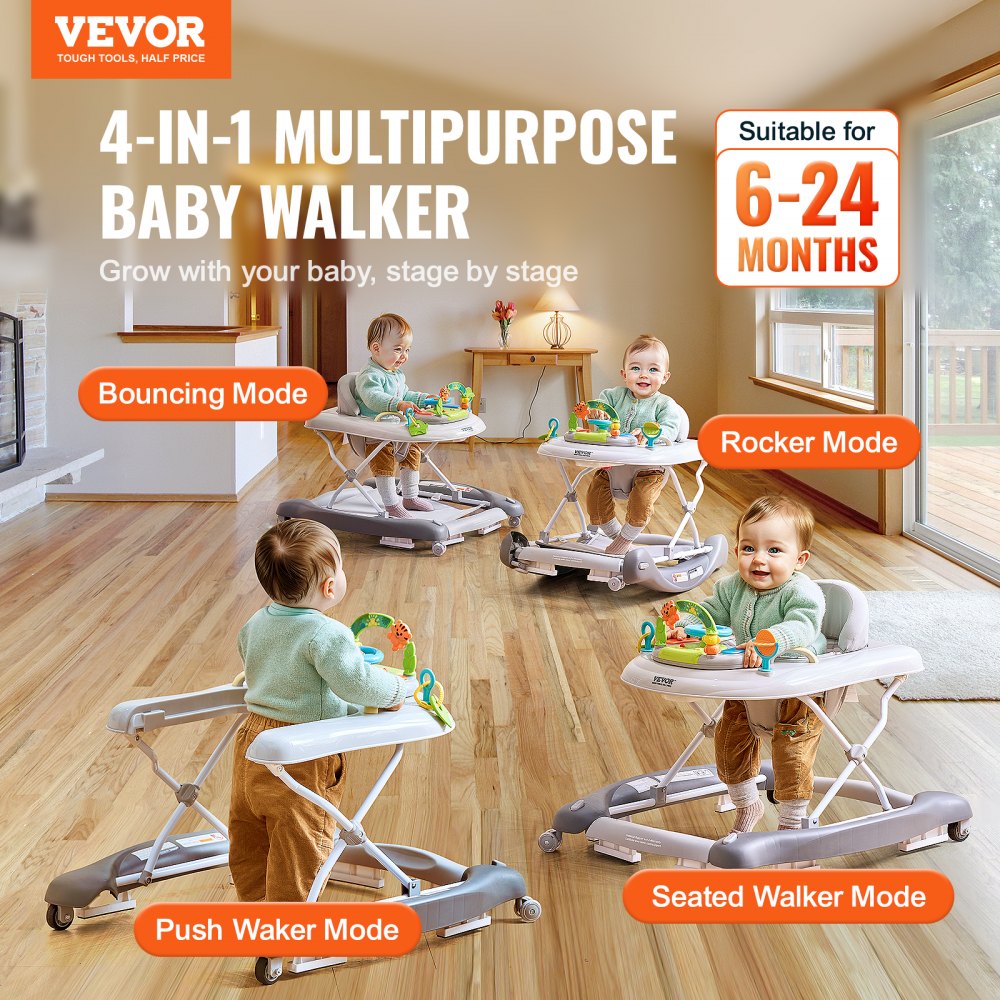 VEVOR 4-in-1 Baby Walker, Foldable Baby Activity Center on Wheels, 3 Adjustable Height, Music & Toys Tray