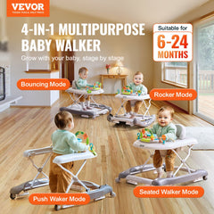 VEVOR 4-in-1 Baby Walker, Foldable Baby Activity Center on Wheels, 3 Adjustable Height, Music & Toys Tray