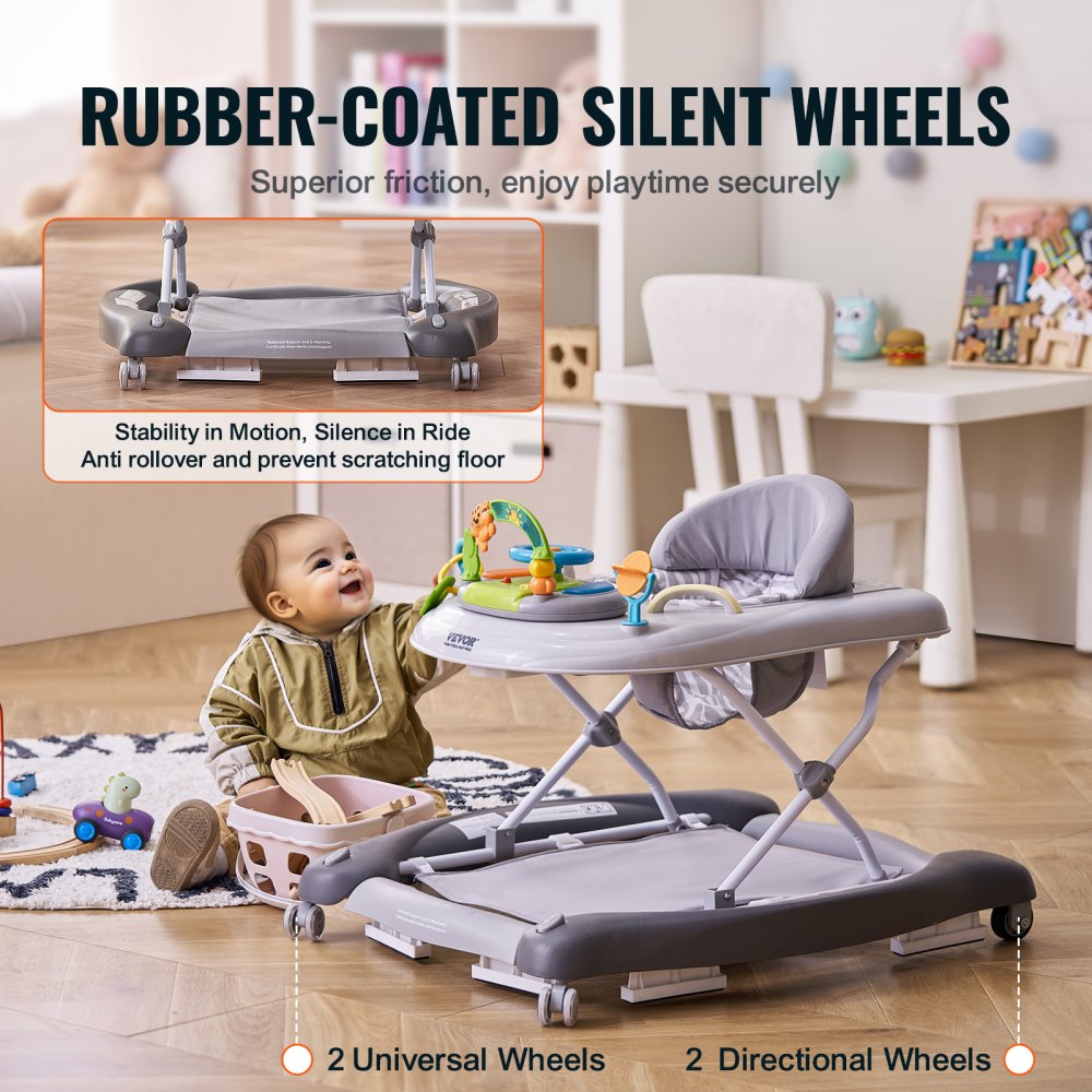 VEVOR 4-in-1 Baby Walker, Foldable Baby Activity Center on Wheels, 3 Adjustable Height, Music & Toys Tray