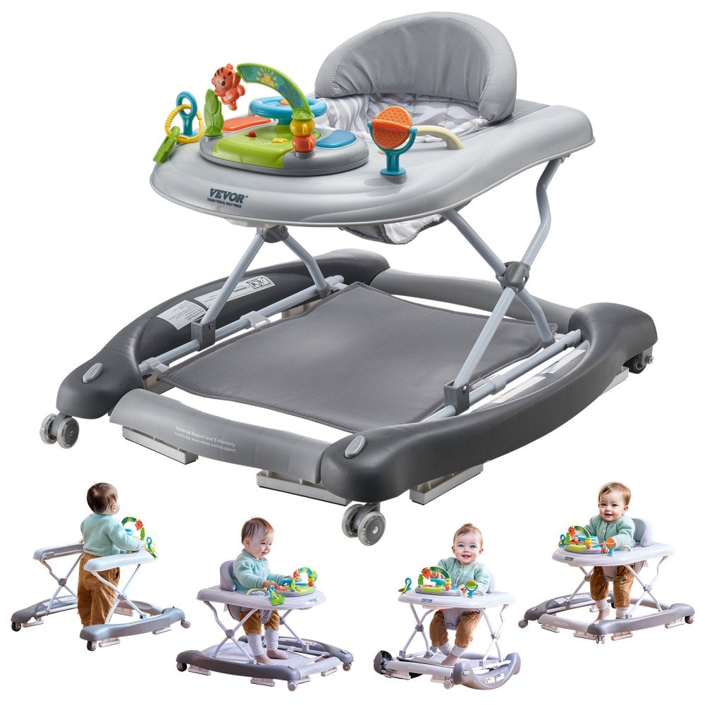 VEVOR 4-in-1 Baby Walker, Foldable Baby Activity Center on Wheels, 3 Adjustable Height, Music & Toys Tray