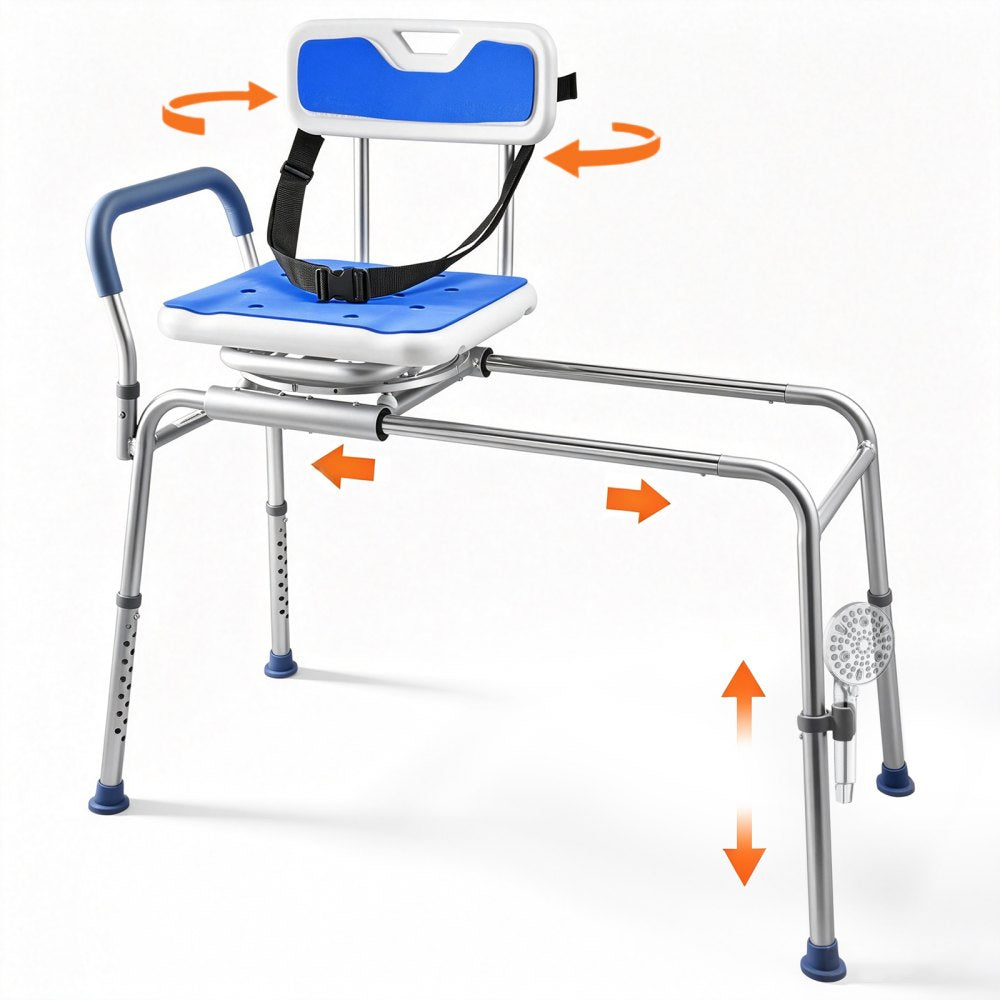 VEVOR Sliding Shower Chair, 400 lbs Tub Transfer Bench for Bathtub with Swivel Seat, Padded Shower Bench with Arms and
