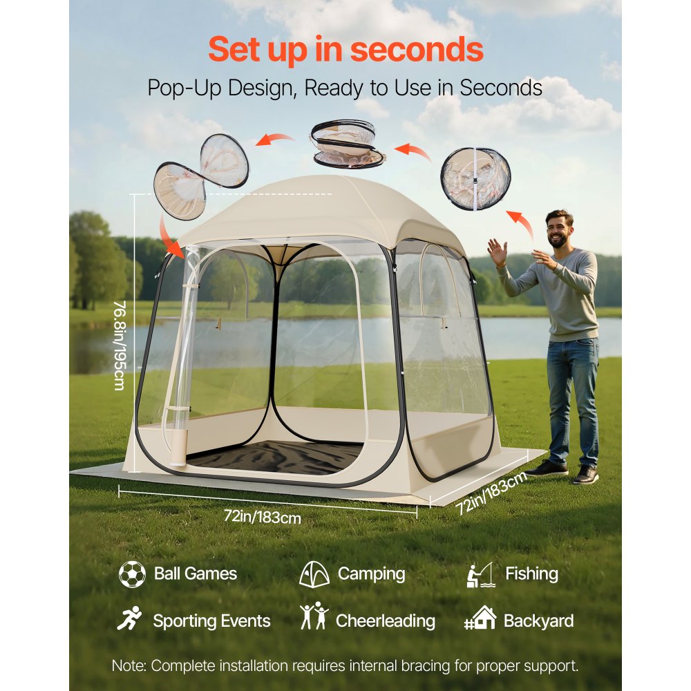 VEVOR Pop up Sports Tent, 72x72 in Clear Bubble Tent for 2-4 Persons, Waterproof Outdoor Pod with Floor Mat & Top