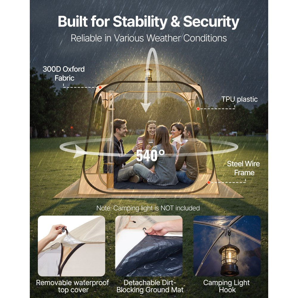 VEVOR Pop up Sports Tent, 72x72 in Clear Bubble Tent for 2-4 Persons, Waterproof Outdoor Pod with Floor Mat & Top