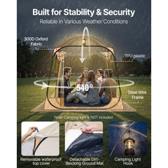 VEVOR Pop up Sports Tent, 72x72 in Clear Bubble Tent for 2-4 Persons, Waterproof Outdoor Pod with Floor Mat & Top