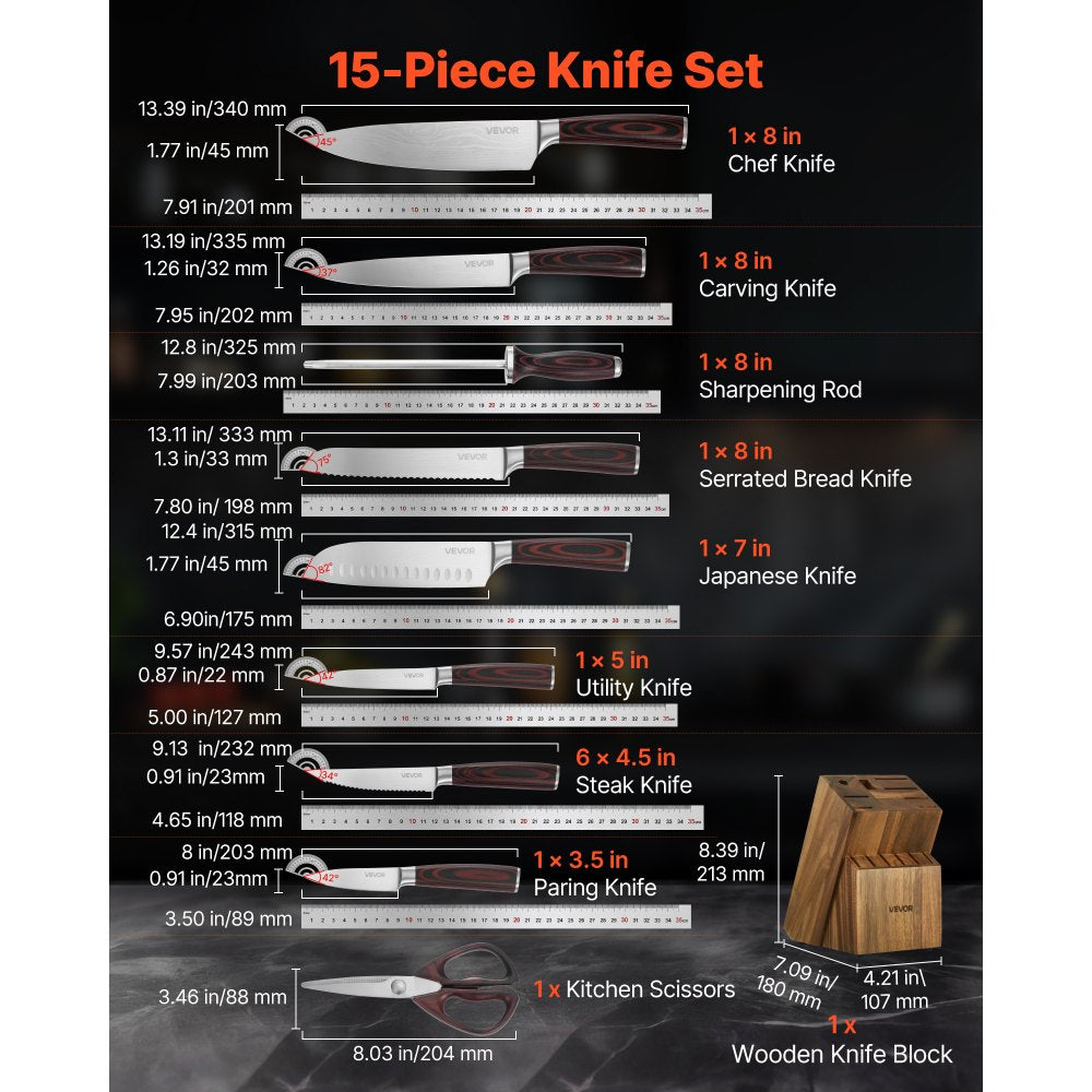 VEVOR Kitchen Knife Set with Block and Sharpener, 15 Piece High Carbon Stainless Steel Knife Set, Rust-Resistant