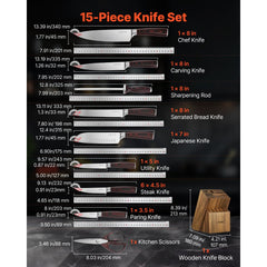 VEVOR Kitchen Knife Set with Block and Sharpener, 15 Piece High Carbon Stainless Steel Knife Set, Rust-Resistant