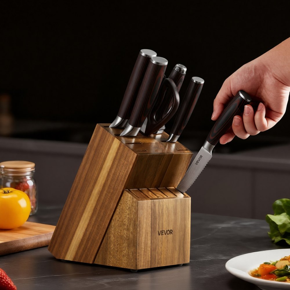 VEVOR Kitchen Knife Set with Block and Sharpener, 15 Piece High Carbon Stainless Steel Knife Set, Rust-Resistant