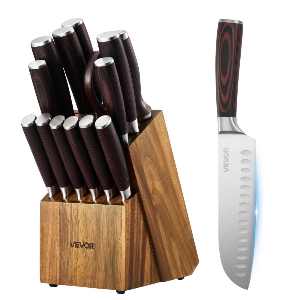 VEVOR Kitchen Knife Set with Block and Sharpener, 15 Piece High Carbon Stainless Steel Knife Set, Rust-Resistant