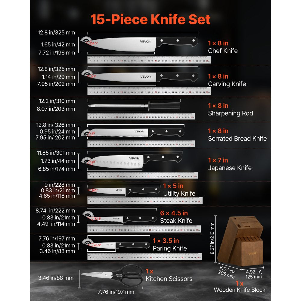 VEVOR Kitchen Knife Set with Block and Sharpener, 15 Piece German High Carbon Stainless Steel Knife Set, Kitchen