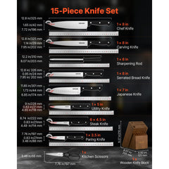 VEVOR Kitchen Knife Set with Block and Sharpener, 15 Piece German High Carbon Stainless Steel Knife Set, Kitchen