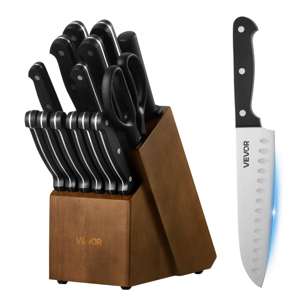 VEVOR Kitchen Knife Set with Block and Sharpener, 15 Piece German High Carbon Stainless Steel Knife Set, Kitchen