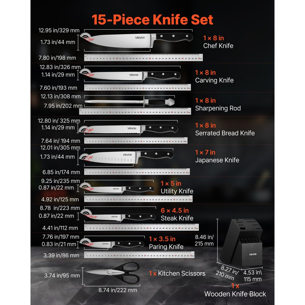 VEVOR Kitchen Knife Set with Block and Sharpener, 15 Piece High Carbon Stainless Steel Sharp Knife Set, Kitchen Cutlery