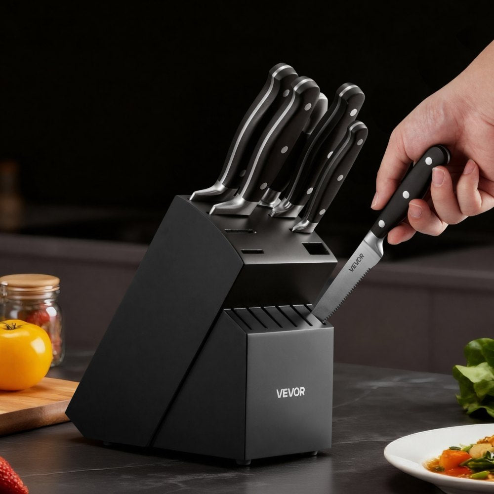 VEVOR Kitchen Knife Set with Block and Sharpener, 15 Piece High Carbon Stainless Steel Sharp Knife Set, Kitchen Cutlery