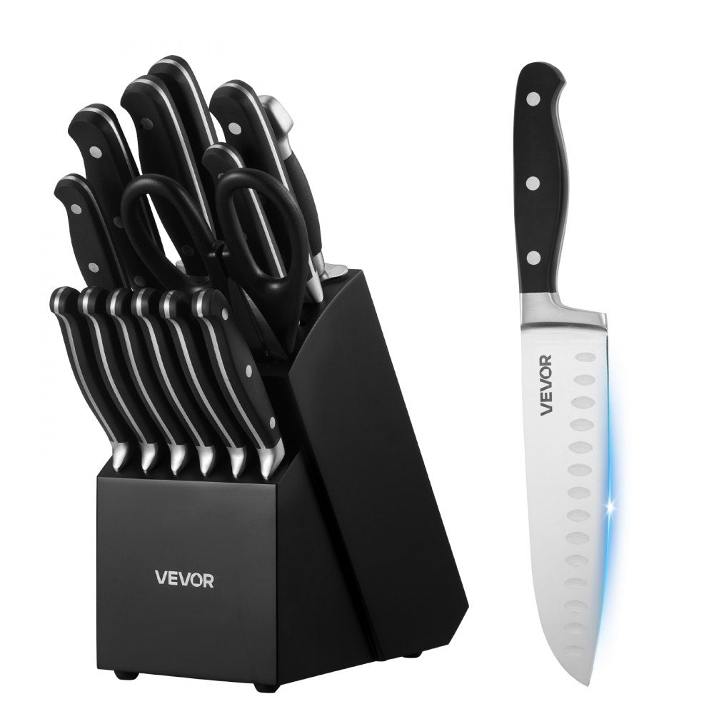 VEVOR Kitchen Knife Set with Block and Sharpener, 15 Piece High Carbon Stainless Steel Sharp Knife Set, Kitchen Cutlery