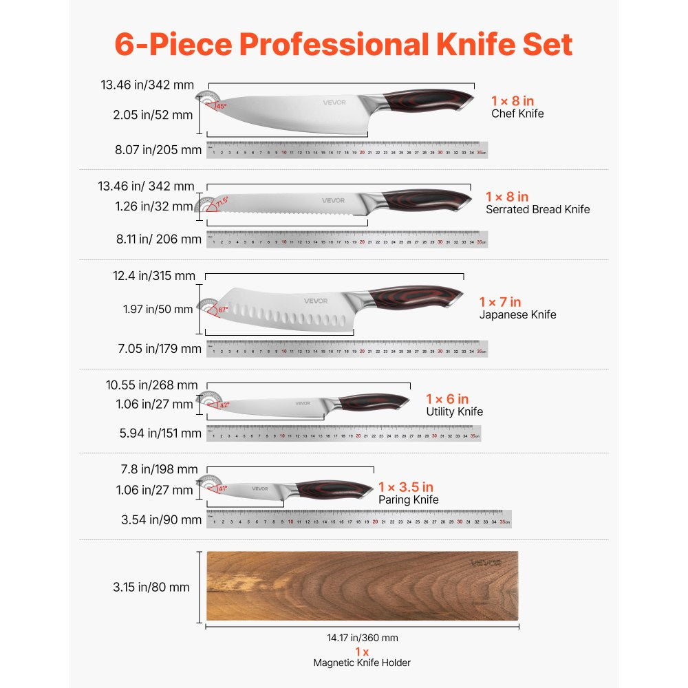 VEVOR Kitchen Knife Set, 6 Piece High Carbon Stainless Steel Sharp Knife Set, Professional Kitchen Cutlery with