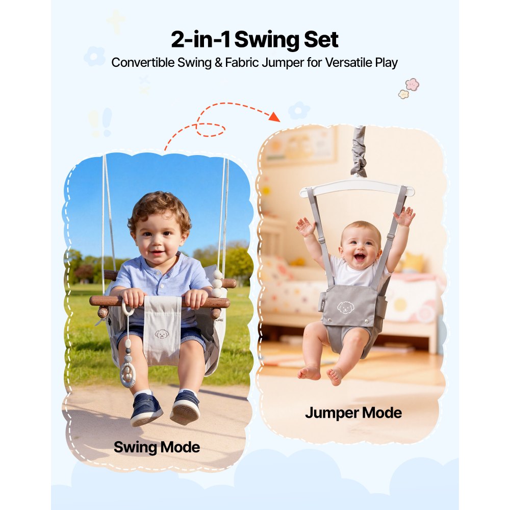 VEVOR Toddler Swing and Jumper, 2 in 1 Swing Set and Bouncer, Soft Cushion with Foldable A-Frame Metal Stand