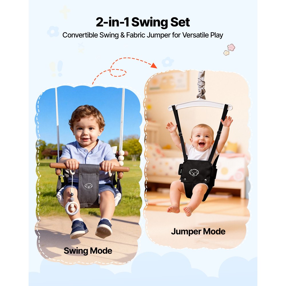 VEVOR Toddler Swing and Jumper, 2 in 1 Swing Set and Bouncer, Soft Cushion with Foldable A-Frame Metal Stand