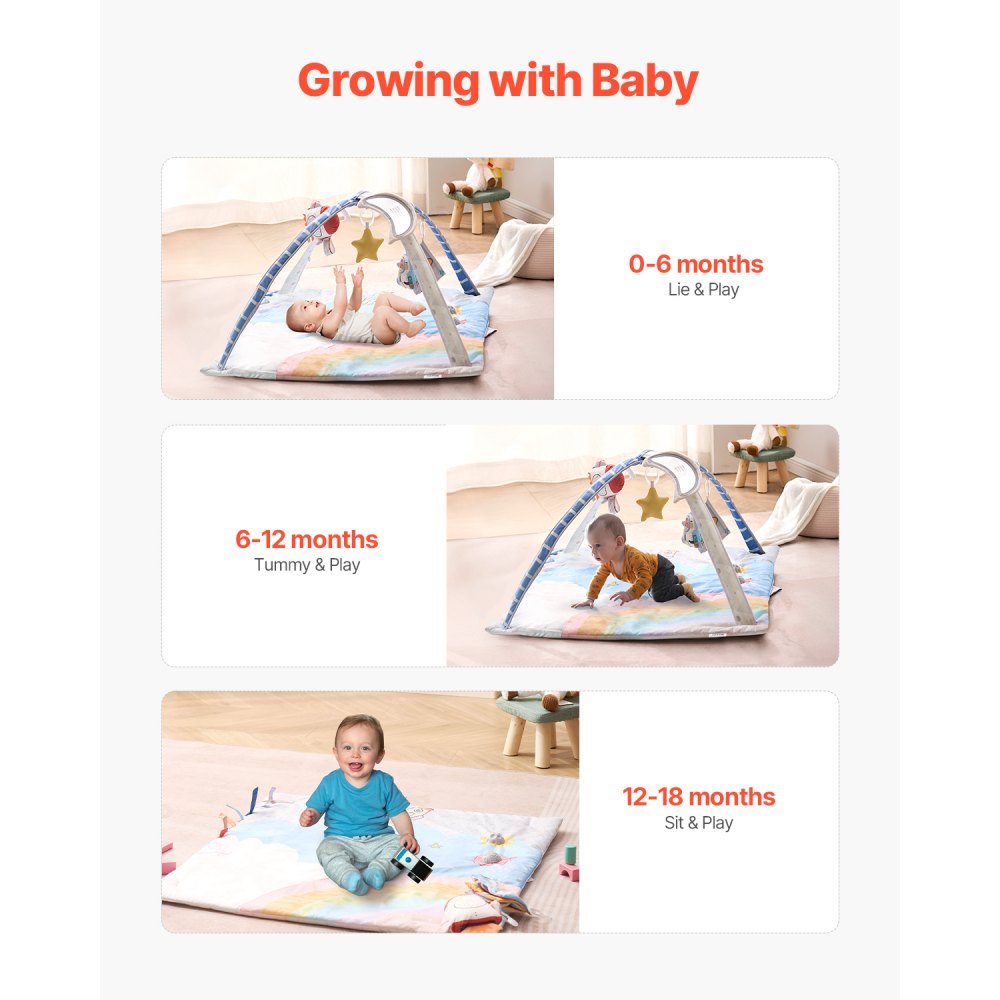 VEVOR Baby Play Gym Mat, Tummy Time Mat with 6 Sensory Toys, Baby Activity Mat with Light-up Musical Rocket Toy for