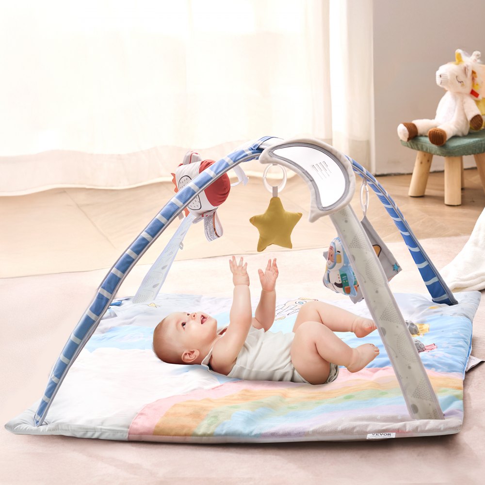 VEVOR Baby Play Gym Mat, Tummy Time Mat with 6 Sensory Toys, Baby Activity Mat with Light-up Musical Rocket Toy for