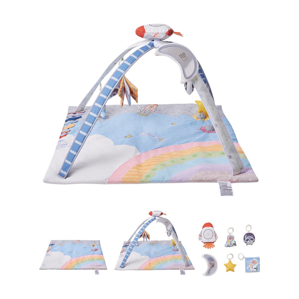 VEVOR Baby Play Gym Mat, Tummy Time Mat with 6 Sensory Toys, Baby Activity Mat with Light-up Musical Rocket Toy for