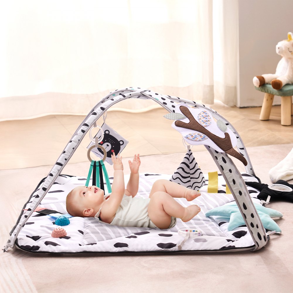 VEVOR Baby Play Gym Mat, Tummy Time Mat with 6 Sensory Toys, Baby Activity Mat with 2 Touch Balls & Soft Fabric for